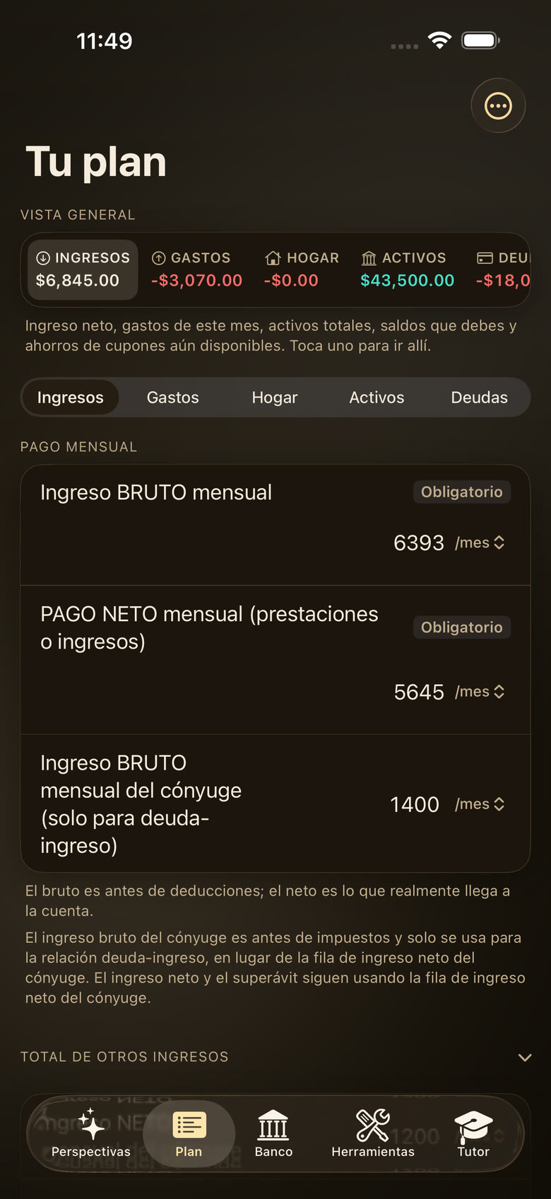 La pantalla Plan con datos de ejemplo: un resumen de ingresos, gastos, activos y deudas, y la pestaña Ingresos con el ingreso bruto mensual, el pago neto mensual y otras fuentes de ingreso.