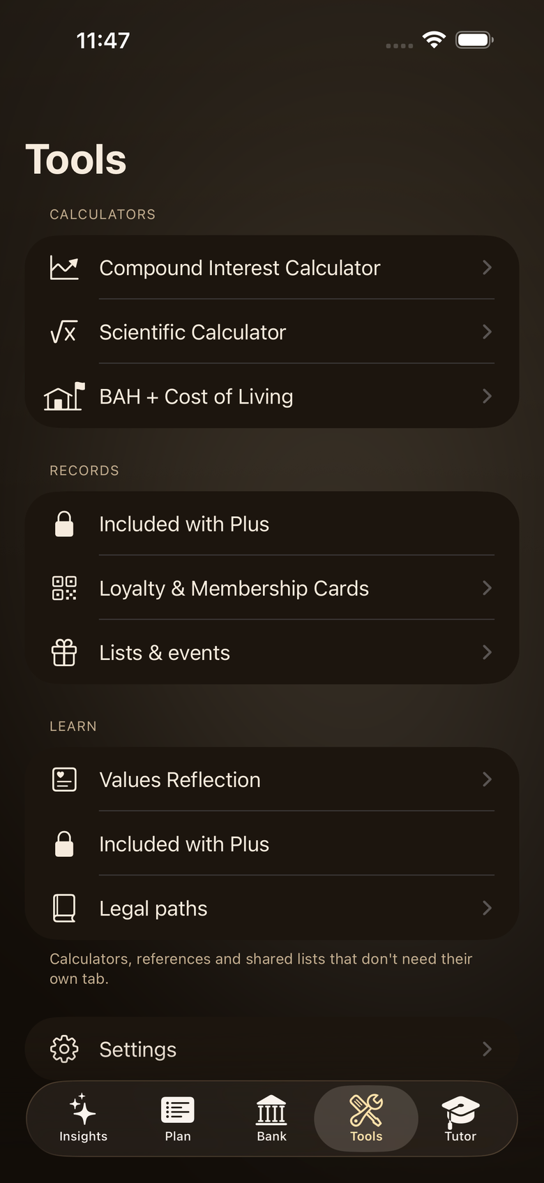 The Tools screen in the Desert theme, with sample data.