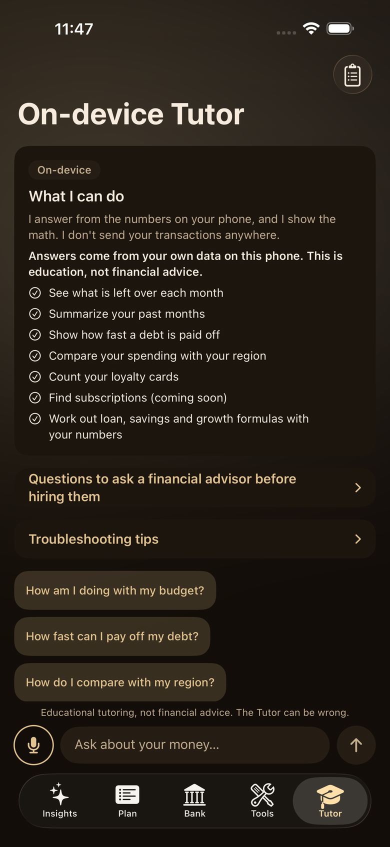 The Tutor screen in the Desert theme, with sample data.