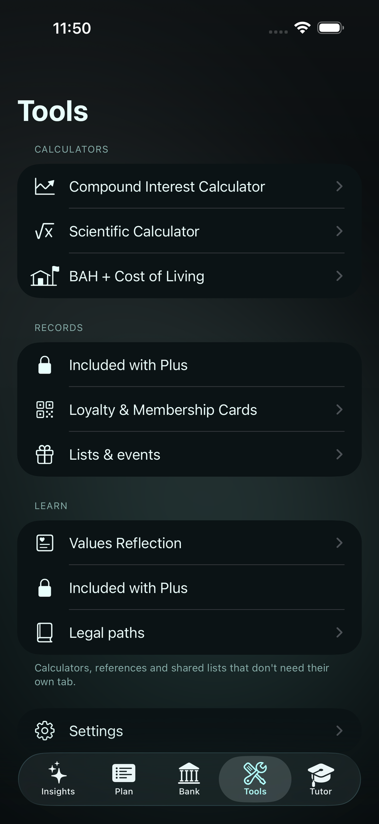 The Tools screen in the Night Ops theme, with sample data.