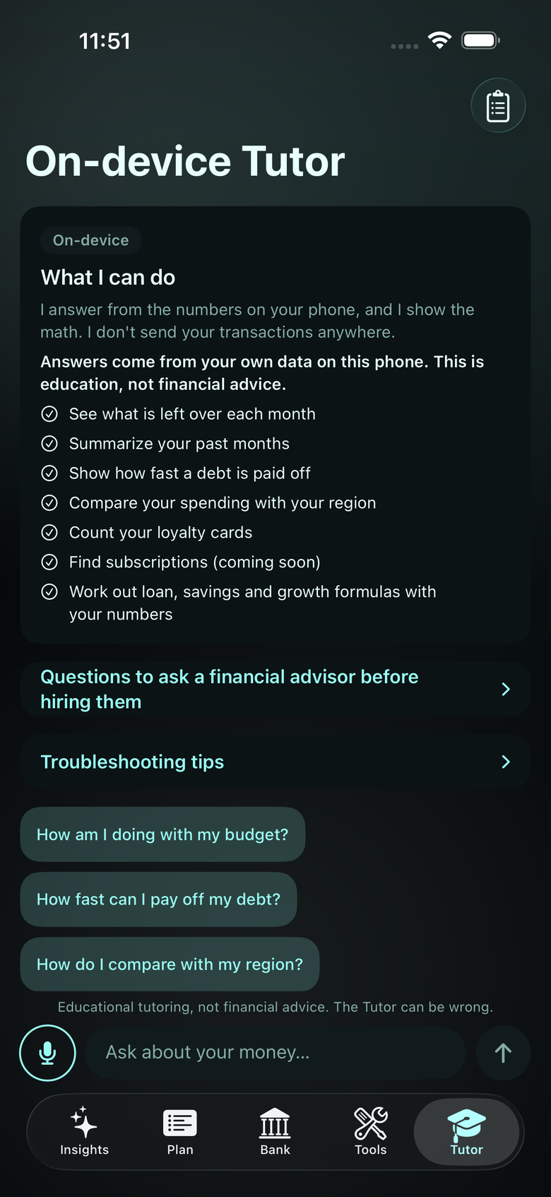The Tutor screen in the Night Ops theme, with sample data.
