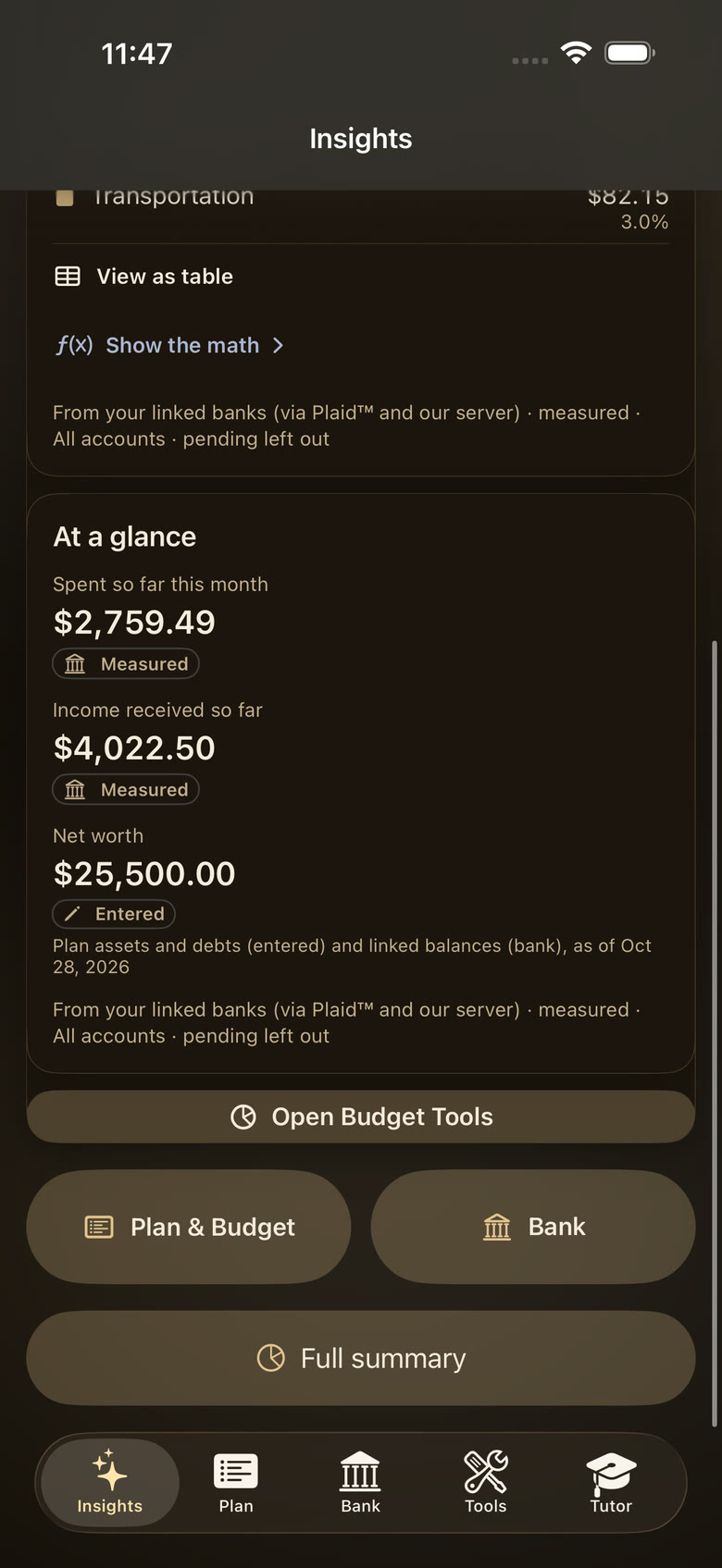 The Insights “At a glance” card with fictional sample data for an average E-5: spent so far this month, income received so far and net worth.