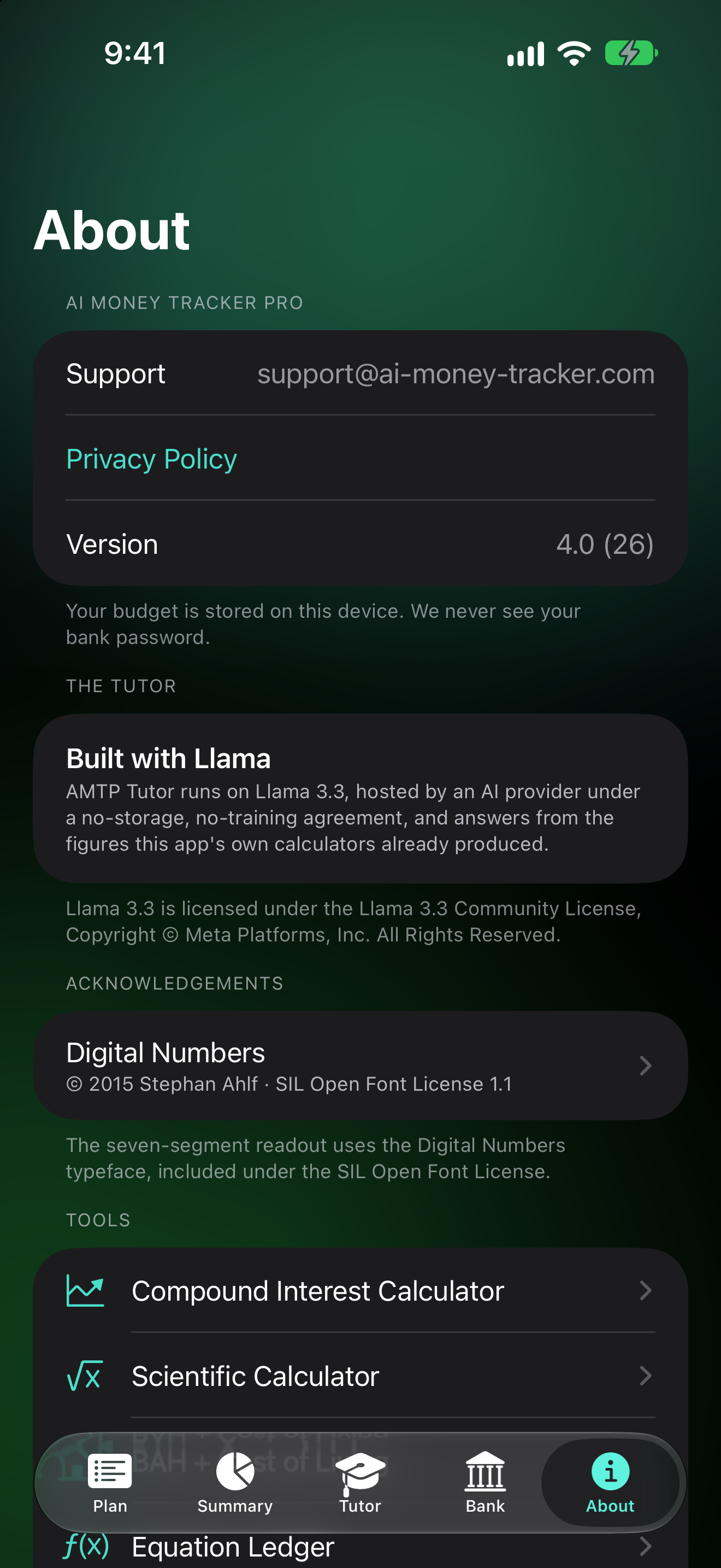 The about screen: privacy controls including full in-app account deletion