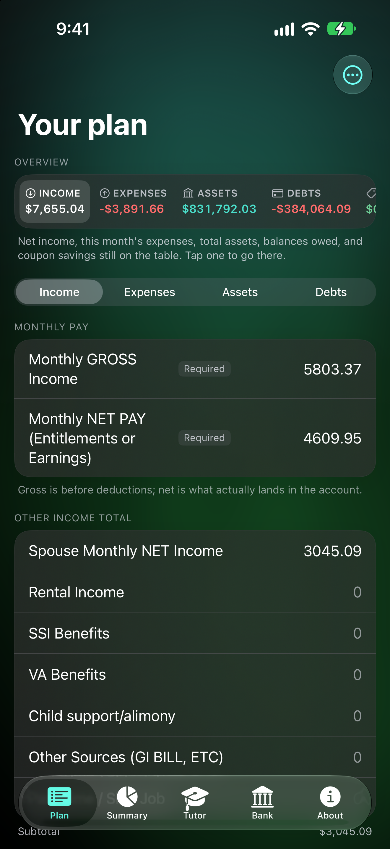 SI Money Tracker's Plan screen, the center of the app