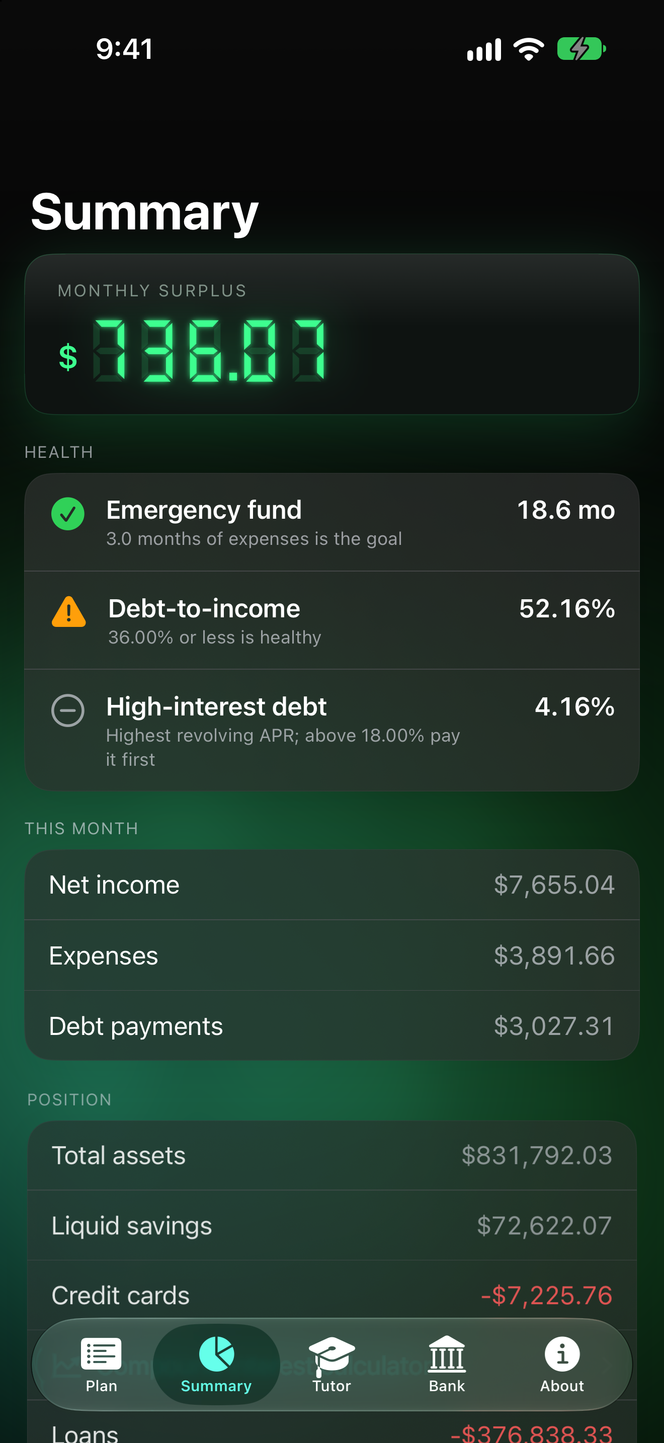 The summary screen: instant financial health checks and what to fix first